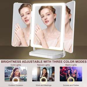 Miroir de maquillage LED multifonctionnel personnalisable à trois volets, miroir de bureau portable pliable à trois côtés avec variateur d'intensité - Product Image 5