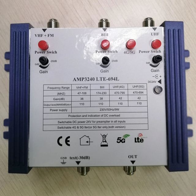 VHF UHF FM BIII Lte Gain Switchable Adjust 4G/5G Sat Antenna Amplifier 3 in 1out CATV signal Amplifier