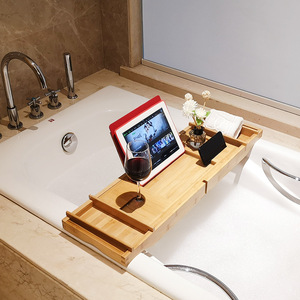 Bamboo Bath <b>Tray</b> With Legs Tablet Phone Wine Holder Retractable Movable Storage Rack For Bathtub <b>Shower</b> Use - Product Image 2