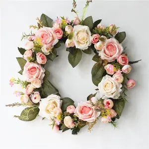 Couronne de roses artificielles et feuilles vertes, couronne de fleurs, pour porte d'entrée, mur intérieur ou extérieur, mariage