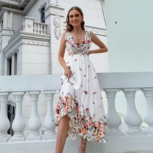 2022 Phụ Nữ Quần Áo Mùa Hè Phong Cách In Ấn Surplice Cổ Hàn Quốc Hoa Ăn Mặc Cho Dã Ngoại Safari Maxi Mùa Hè Bãi Biển Bohemian Dresses