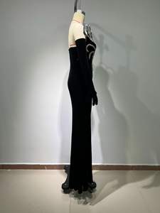 महिलाओं के सुरुचिपूर्ण काले सीधे फर्श-लंबाई v-गर्दन की शाम पोशाक पंख प्राकृतिक अंतर्निहित ब्रा लक्जरी पार्टी सांस लेने योग्य - Product Image 3