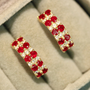Aazuo, Joyería Fina de 18K, Oro Amarillo Sólido, Rubí Natural, Diamantes Reales, Pendientes de Gancho con Línea de Tenis, Regalo para Damas, Uso Diario - Product Image 1