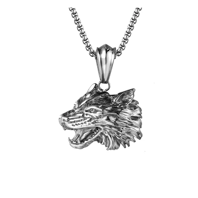 YMJ Fashion Silver Plated Box Chain Hip Hop Punk Polished Angry 3D Wolf Head Animal Pendant Necklace Men