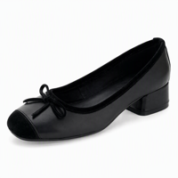 Chaussures habillées à enfiler pour femmes en cuir véritable, à bout carré, avec nœud, style ballerines, bout patchwork, talon carré bas, pour l'été