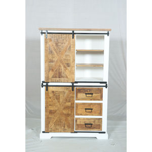 Mueble Alto de Madera Natural y Blanca Muro con Puertas Corredizas y Almacenamiento con Cajones - Product Image 1