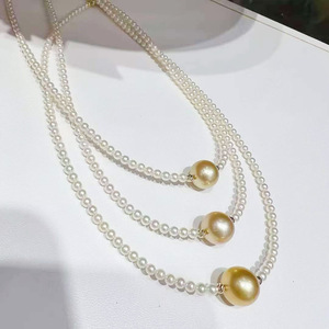 Collar de Perlas de Agua Dulce de Plata de Ley S925, Perlas de Alta Calidad de 3-4 mm con Brillo Intenso, Cadena de Perlas con Perlas Doradas del Mar del Sur de 10-11 mm - Product Image 1