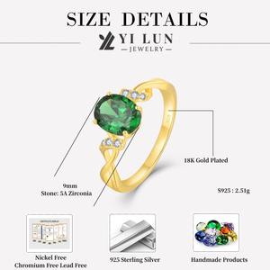 Anillo de Compromiso de <span class=keywords><strong>Plata</strong></span> de Ley 925 con Bañ<span class=keywords><strong>o</strong></span> de Oro de 18K y Diamante Ovalado Verde CZ para Mujer, Venta al por Mayor de Joyería Fina - Product Image 6