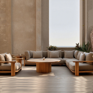 Conjunto de Sofás Seccionales en Forma de L para Exteriores de Teca, Diseño Moderno Resistente a la Intemperie, Tapicería de Tela, Muebles de Patio, Certificación CE - Product Image 1