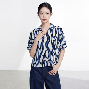PY Korean Style Casual Geometric Loose Pleated T-shirt Women Fashion Print Stand Collar Short Sleeve Blouse 100% Polyester Bulk - Product Image 3