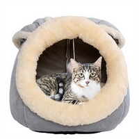 Vente chaude Maison pour chat confortable en fausse fourrure rayée d'hiver, lit pour animaux de compagnie avec tapis amovible