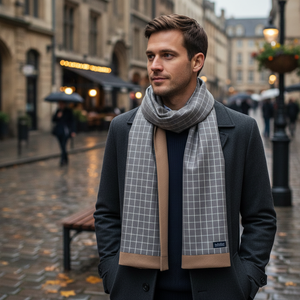 Beige Blue <b>Square</b> Patterned Wool Double Sided <b>Scarf</b> for Men Adult One Size - Product Image 3