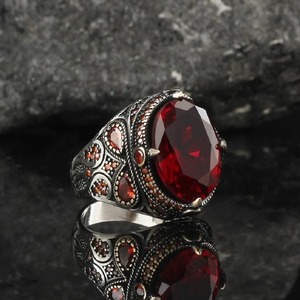 Anello di pietra preziosa di lusso della fabbrica anello in lega retrò Punk antico argento placcato Punk modello nero zircone classico da uomo - Product Image 1