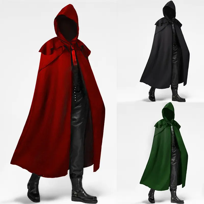 Uomo medievale cavaliere pirata principe gotico retrò mantello con cappuccio mantelle abiti lunghi giacche cappotto carnevale costumi Cosplay di Halloween