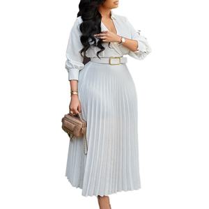 Vestidos Plisados de Color Sólido con Cinturón y Manga Cinco Cuartos para Mujer, Nueva Colección de Otoño, Venta al Por Mayor Personalizada - Product Image 1