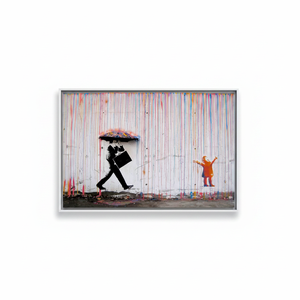 Impression sur toile de graffitis Banksy vibrante : Pluie colorée, parapluie pour enfants, toile encadrée blanche - Product Image 2