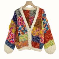 Pull cardigan d'hiver fait main E&L pour femmes, couleur bonbon, motif géométrique, design carré, style doux, fermeture à boutons, respirant