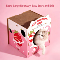 Grande maison pour chat en carton ondulé à deux étages, imprimée fraises, résistante à l'usure, avec griffoir et lit, pour plusieurs chats