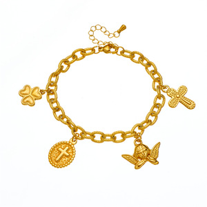 European American Retro Gold Plated Chunky Chain Bracelet With Cross Angel Charm For Women - Product Image 5