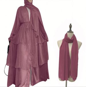 Arabo Oman elegante Chiffon Kimono da donna tinta unita 3 strati aperti abiti musulmani Dubai Abaya - Product Image 5