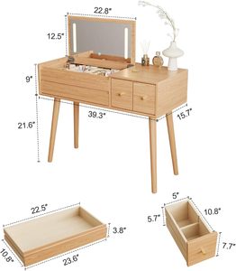Grand bureau de maquillage en bois massif avec miroir rabattable 4 tiroirs 3 modes d'éclairage <span class=keywords><strong>dressing</strong></span> de couleur bois <span class=keywords><strong>original</strong></span> - Product Image 5