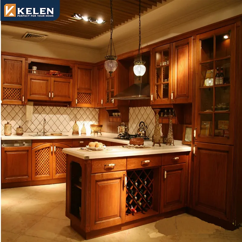 Kelen 2024 High Quality farmhouse european style storage rack kitchenette solid wood doors rustic guangzhou teak kitchen cabinet
