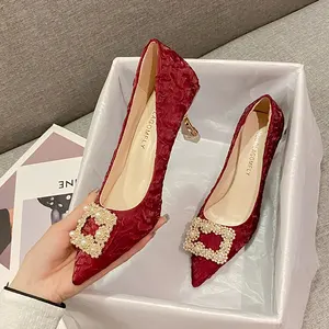 latest design Women pointed low heel dress high heels luxurious Satin Pearl Rhinestone Bridal Wedding Shoes 6cm pumps for ladies