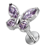 Piercing de cartilage ASTM F136 G23 en titane, motif papillon, avec zircone cubique (CZ) violette, taille marquise et ronde, 16G, à filetage interne et dos plat