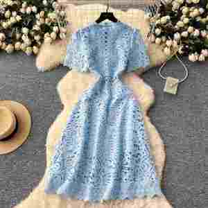 Vestido Midi Casual de Verano 2025 para Mujer, Tejido Ecológico, Transpirable, Antiarrugas, Estilo Túnica Romana, Corte A, con Encaje Hueco y Cintura Imperio - Product Image 2