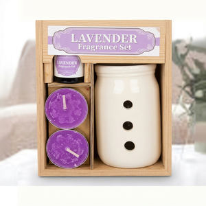 Coffret Cadeau Lavande : Bougie en Cire de Soja, Bougie Chauffe-Plat, Boîte en Bois, Ensemble d'Aromathérapie pour la Maison - Product Image 1