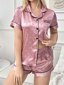 <span class=keywords><strong>Pijamas</strong></span> de Satén de Lujo para Mujer, Estampado de Corazones, Ropa de Dormir Similar a la Seda, Manga Corta, Botones, Conjunto de Ropa para Estar en Casa - Product Image 3