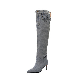 Autumn/Winter Fashion Denim Solid Lightweight Pointed Stiletto Cowboy Boots <b>Knee</b>-<b>High</b> Side Zipper Distressed Rubber Outsole - Product Image 5