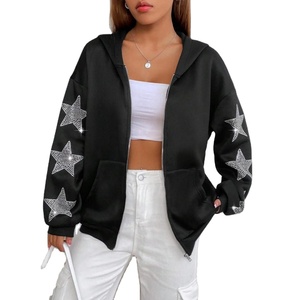 Sweat à capuche zippé 100% coton polaire de haute qualité à la mode Sweat à capuche zippé en strass avec diamant brillant et logo personnalisé pour femmes - Product Image 1