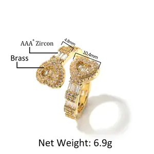 2022 High Quality Fashion Bling Iced Baguette Double Heart Cuff Bangle Adjustable Bracelet CZ Ring Set Jewelry for Women Girls