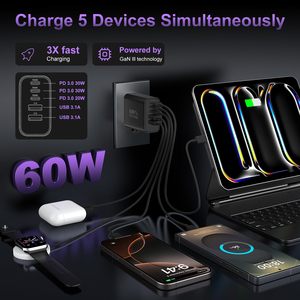 Hyto USB <span class=keywords><strong>ชาร์จ</strong></span>เร็วแบบก้อนชาร์จไฟติดผนัง60W usbc 5พอร์ต PD 30W อะแดปเตอร์ไฟฟ้าหลายพอร์ตอิฐชนิด C cargador <span class=keywords><strong>โทรศัพท์</strong></span>มือถือ - Product Image 3