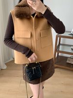 Gilet 100 % laine pour femme, couleur camel, fermeture à boutons-pression, poches utilitaires à rabat, col en fourrure de lapin Rex, idéal pour l'automne