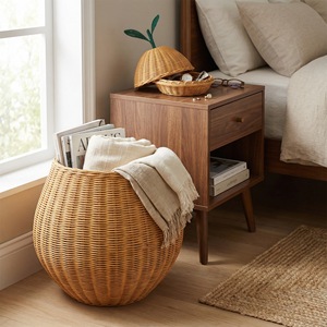 Panier de rangement ovale en rotin tressé à la main, vintage, brun foncé, léger, écologique, pliable, avec couvercle, grande capacité, multi-usages - Product Image 3