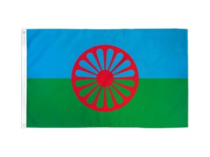 <span class=keywords><strong>Bandera</strong></span> Oficial del Pueblo Romani 3x5 pies, <span class=keywords><strong>Bandera</strong></span> <span class=keywords><strong>Gitana</strong></span> Azul Verde Roja con Rueda, Resistente a la Decoloración, Impermeable, Poliéster 210D, Duradera para Exteriores - Product Image 1