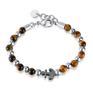 Pulsera de Acero Inoxidable con Cuentas de Piedra Ojo de Tigre y Ancla de Barco, Diseño Moderno en Negro, Joyería para Hombre - Product Image 2