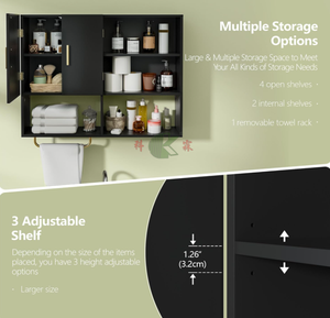 Grand meuble de salle de bain mural en bois avec 2 portes, 4 étagères ouvertes et barre porte-serviettes, noir - Product Image 5