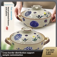 Pot en céramique ignifuge de style japonais, à motif floral peint à la main, grande capacité, double anse, pour soupe et ragoût, créatif, pour la maison