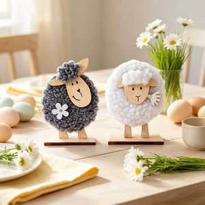 Woolly Sheep Figurine Wood Head Felt Fluffy Lamb Tabletop Decor Farmhouse Rustic Shelf Mantel Desk Ornament - Product Image 4