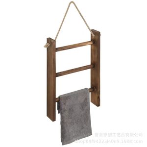 Wooden Wall Mounted Towel Rack 3 Bars With Rope Hanging For Bathroom Storage Organizer Shelf Decorative <b>Ladder</b> Style - Product Image 2