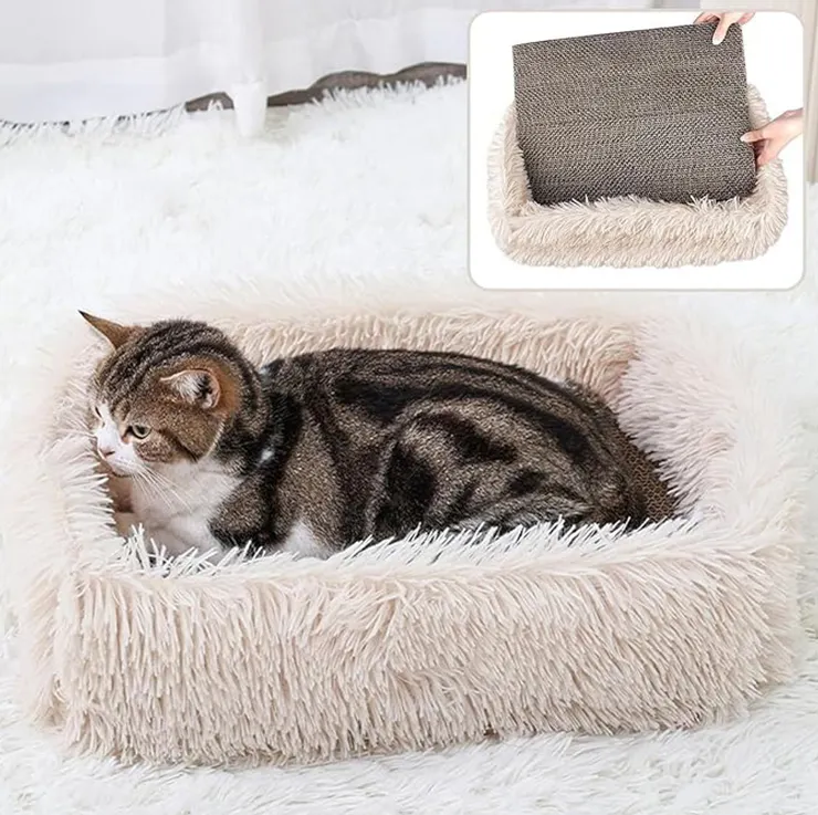 Изготовленная на заказ индивидуальная Складная Высококачественная Складная кремовая плюшевая прямоугольная кровать для кошки с 4-сторонней подушкой для баланса
