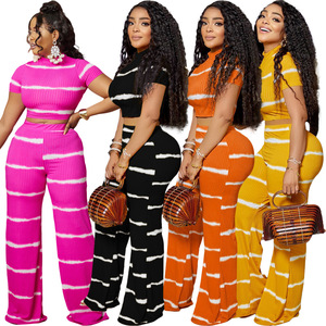 Spring Summer Casual New Knit Women's <strong>Wide</strong> <strong>Leg</strong> Suit Style Stripe Printed Short <strong>Crop</strong> Top Pants <strong>Trousers</strong> 2 Pieces Eco-friendly Set - Product Image 1