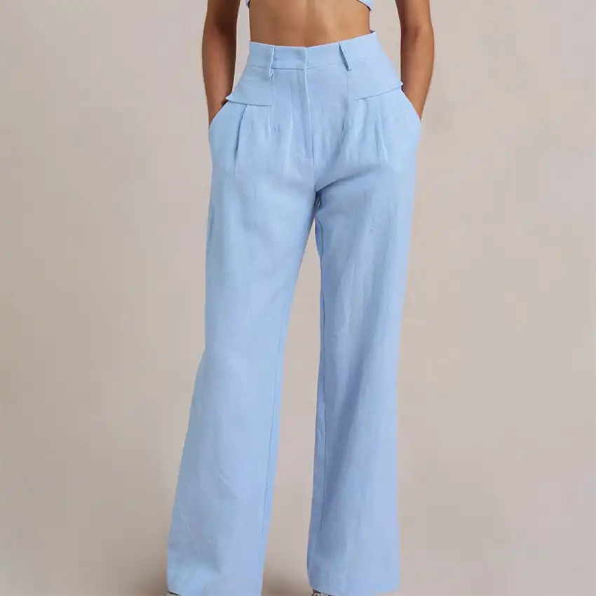 Pantalones de pierna ancha para mujer, ropa de lino y algodón liso, informal, combina con todo, azul, verano, 2022
