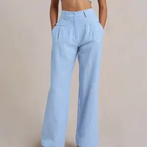 2023 summer wide leg trousers straight cotton linen fashion all-match blue casual pants women's clothing