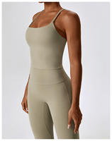 Combinaison JY moulante à dos froncé, coupe évasée, col carré, fines bretelles, couleur unie, pour femme, idéale pour la gym, le yoga et la course, avec dos croisé