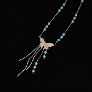 Vintage Jewelry Necklace Stainless Steel <b>Blue</b> <b>Beads</b> Link Chain butterfly Charm Tassel Necklace - Product Image 5