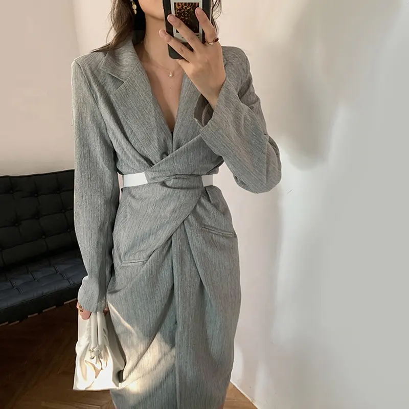 OUDINA High Fashion Desgin Sense Gray V-neck Hollow Midi Dress Blazer Long Dresses Women